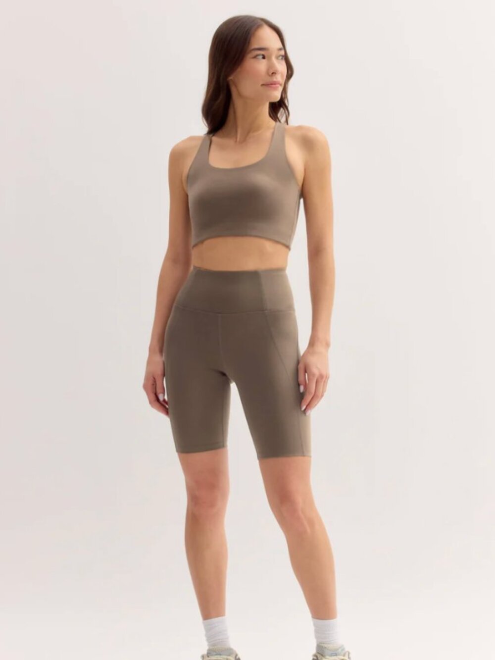 Girlfriend Collective High-Rise Bike Short in Stone